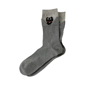 Mid-calf cotton socks with grey patchwork, unique V-cut cuff and cute black cat embroidery