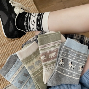 Chaussettes vintage Fair Isle avec motifs d'animaux mignons et flocons de neige d'hiver