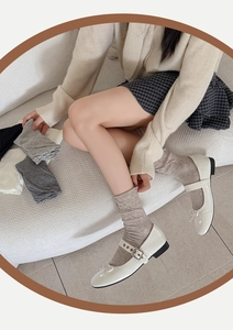 Detail of ribbed ballet-style crew socks in grey and white with Mary Jane shoes
