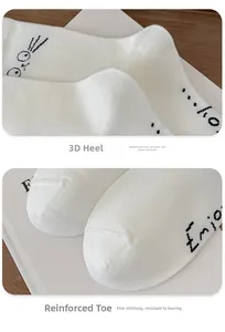 Close-up of the reinforced toe and stereoscopic heel on these white cat motif socks