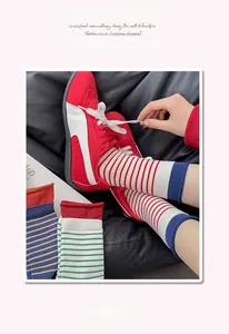 Detail view of colorful striped mid-calf socks with high-elastic ribbed cuffs