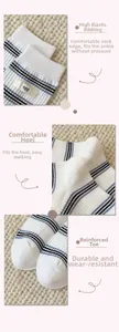 Detail view of high elastic cuffs, reinforced toes, and blue stripes on white cotton socks