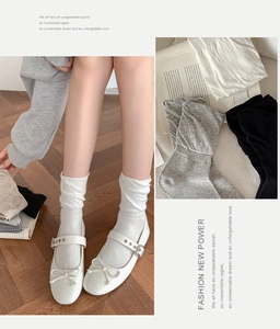 Detail showing grey ballet style cotton ribbed slouch socks paired with Mary Jane shoes