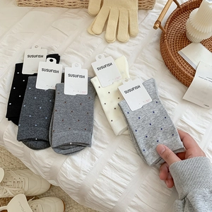 Five-pack of cotton crew socks with colorful polka dots in assorted grey and cream tones