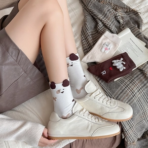 Chaussettes Mi-Mollet Femmes Mélange Coton Dessin Animé Chien Lapin Broderie Cœur Oreille 3D Style Japonais Ins Doux