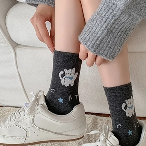 Charcoal grey mid-calf cat socks for women with cute white cartoon kitten patterns