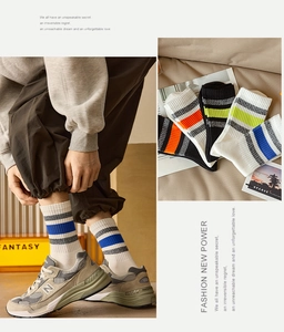 Detailed knit texture of classic striped men's crew socks with contrast color stitching