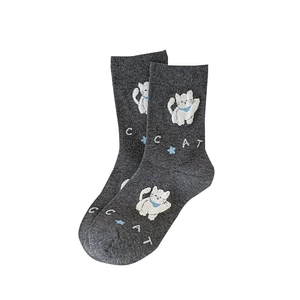 Cute grey crew socks with cartoon cat pattern and white stripes for women