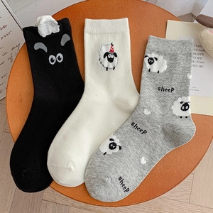 Three pairs of cute 3D sheep cartoon cotton crew socks in black, white and grey colors