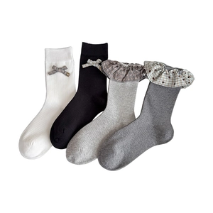 Set of four sweet Japanese style mid-calf socks with bows and lace ruffles in grey