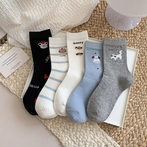 Women Crew Socks Cotton Breathable Cartoon Animal Embroidery Cute Korean Style Casual Mid Tube Hosiery