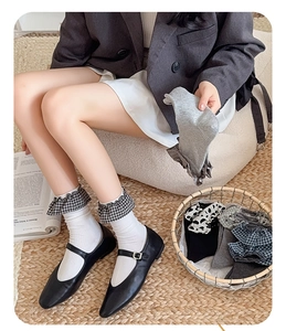 Detail view of Korean style plaid ruffle socks paired with stylish Mary Jane shoes