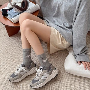 Grey mid-calf socks with cute cartoon cat pattern and CAT lettering for autumn style