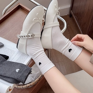 Women Crew Slouch Socks Cotton Blend Ribbed Knit Heart Embroidery Seamless Toe Casual Ins Style Preppy Solid Color Fashion