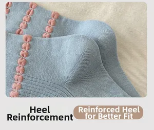 Detail view of reinforced heel construction on blue knit socks with pink stripes