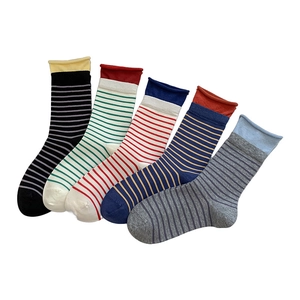 Five-pack of striped crew socks for women featuring colorful contrast rolled cuffs