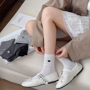 Women's heart embroidered rib knit crew socks in white, grey, and black colors