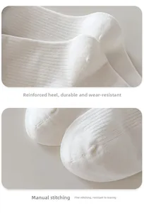 Detail of white knit socks showing reinforced heel design and smooth seamless toe stitch