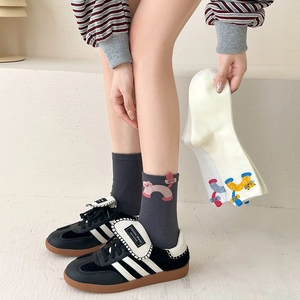 Cute 3D cartoon cat embroidery crew socks in cotton for women, set of grey and white
