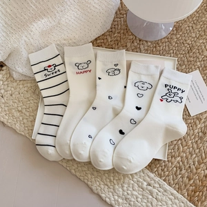 Cute Puppy Cartoon Mid Calf Socks Cotton Blend Sweat Absorbent Preppy Style Breathable White Patterned Stockings For Women