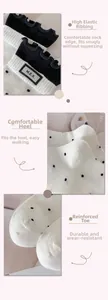 Detailed view of polka dot socks with elastic ribbed cuffs and reinforced toe and heel