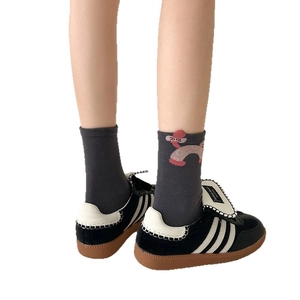 Cute dark grey cotton crew socks with purple poodle embroidery detail for women