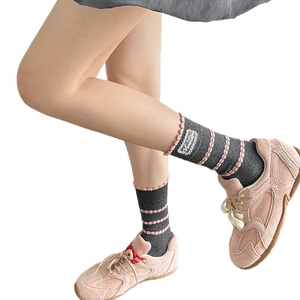 Dark grey cotton crew socks with pink lettuce edge and lace patch detail