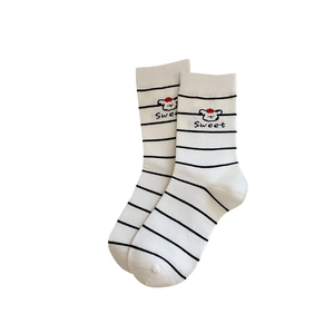 White striped mid-calf socks with cute cartoon puppy pattern and Sweet embroidery