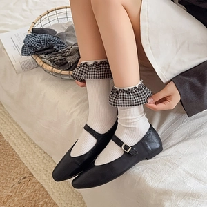 White ribbed crew socks with black gingham ruffled trim and sweet lolita学院 style