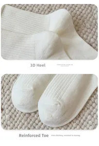 Detail of stereo heel and reinforced manual suture on white ribbed knit cotton socks