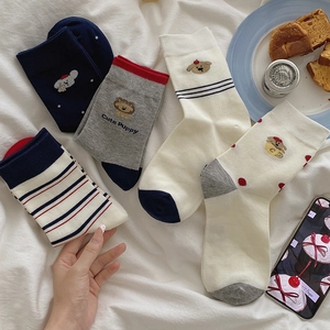 Chaussettes Mi-Mollet Femmes Mélange Coton Broderie Chien Dessin Animé Rayé À Pois Style Collège Décontracté Pour Filles