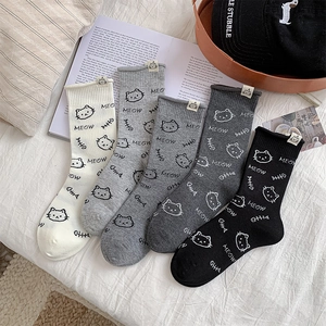 Cartoon Cat Crew Socks Combed Cotton Breathable Casual Middle Tube Animal Fishbone Pattern Meow Label Fashion Women Girls