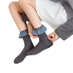 Dark gray crew socks with blue checkered ruffle trim in a Japanese sweet Lolita style