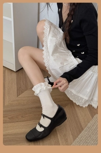 Detail view of white lace trim socks paired with Mary Jane shoes for Lolita fashion