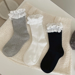 Lace Trim Ribbed Mid Calf Socks Cotton Blend Sweet Lolita Style Heart Pattern Breathable Fashion For Women
