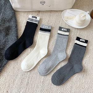 Women Mid Calf Socks Cotton Ribbed Knit Striped Cuff Casual Fashion Crew Socks Label Decor Breathable Sporty