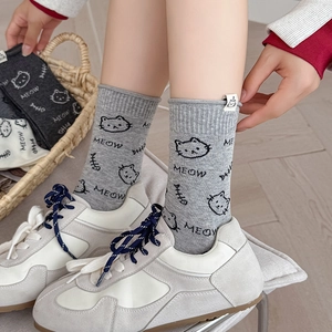 Cute cartoon cat mid-calf socks set in grey and white with embroidery tags