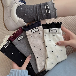 Womens Cotton Blend Mid Tube Socks Polka Dot Pattern Ruffle Edge Fashion Korean Style Sweet Slouch Socks With Label