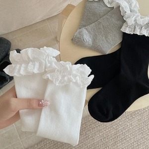 Lace ruffle trim knit socks in white grey and black for women sweet lolita style