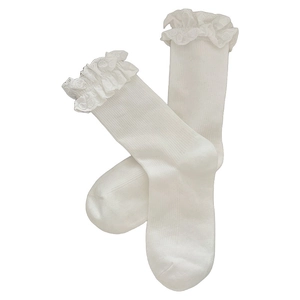 White Lolita lace trim mid-calf socks for women featuring ribbed knit cotton fabric