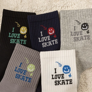 Five-pack crew socks with smile embroidery and I LOVE SKATE text in trendy colors