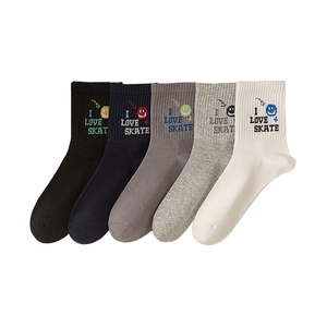 Five pack of men's crew socks with cartoon smiley face and I Love Skate letters