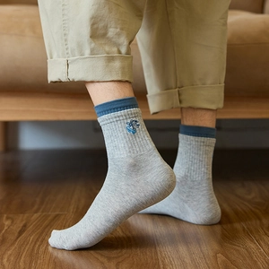 Men's gray knit sports socks with blue elephant embroidery and double layer cuff