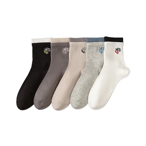 Five-pack set of men's crew socks with skateboard embroidery in assorted neutral colors