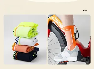 Detail view of cushioned cycling socks in multiple colors with breathable mesh texture