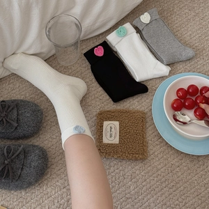 Vertical ribbed cotton mid-calf socks with crochet heart detail in various soft colors