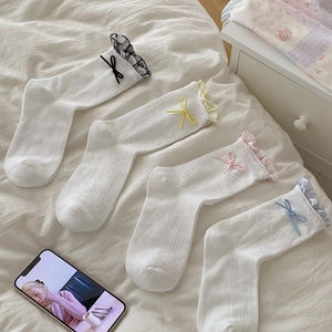White Mid-Calf Ribbed Socks With Ribbon Bows And Lace Ruffle Trim Sweet Japanese Style For Women