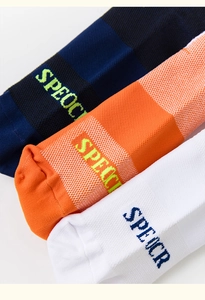 Detailed knit texture of cushioned cycling socks with SPEOCR lettering and striped design