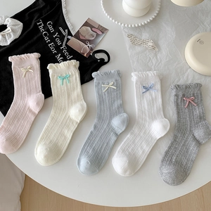 Women Crew Socks Cotton Blend Knit Bowknot Frilly Ruffle Cuff Hollow Mesh Breathable Japanese Sweet Lolita Style
