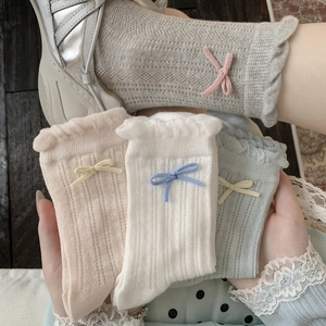 Sweet lolita crew socks with delicate bow details and breathable hollow-out knit lace
